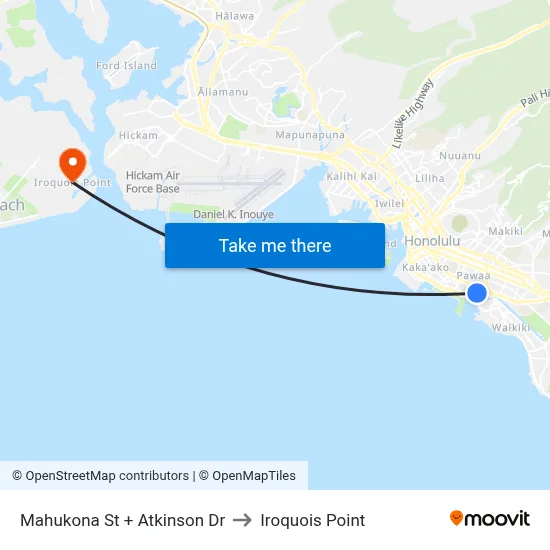 Mahukona St + Atkinson Dr to Iroquois Point map