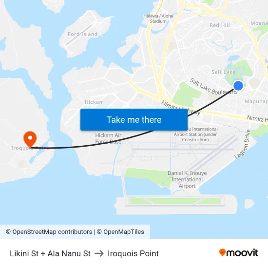 Likini St + Ala Nanu St to Iroquois Point map