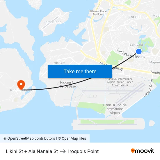 Likini St + Ala Nanala St to Iroquois Point map