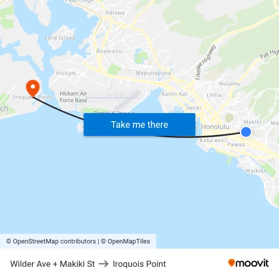 Wilder Ave + Makiki St to Iroquois Point map