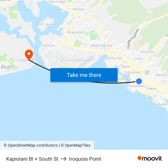 Kapiolani Bl + South St to Iroquois Point map