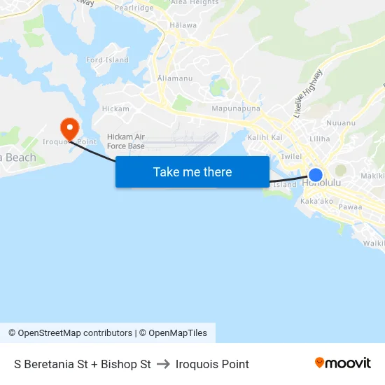S Beretania St + Bishop St to Iroquois Point map