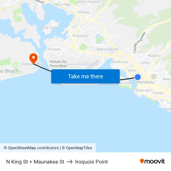 N King St + Maunakea St to Iroquois Point map