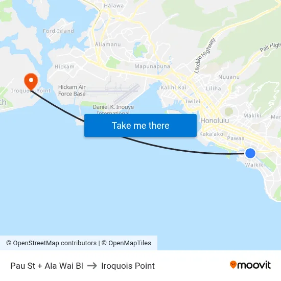 Pau St + Ala Wai Bl to Iroquois Point map