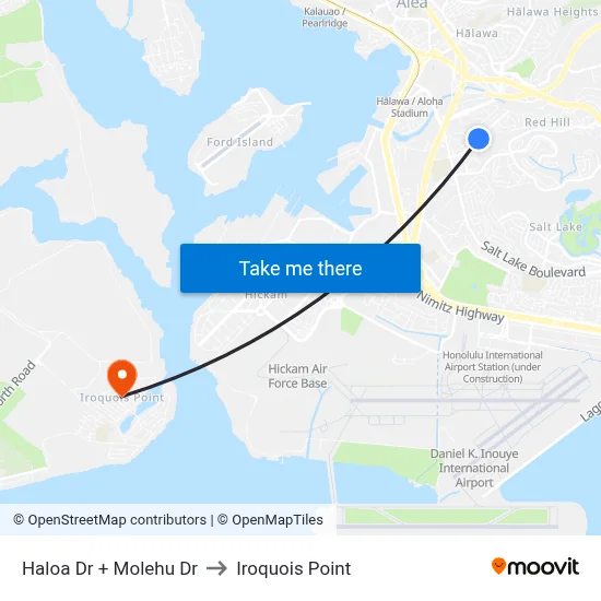 Haloa Dr + Molehu Dr to Iroquois Point map