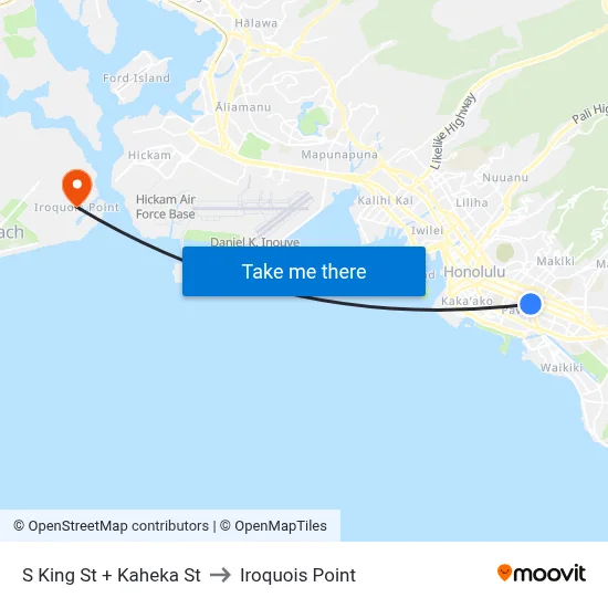 S King St + Kaheka St to Iroquois Point map
