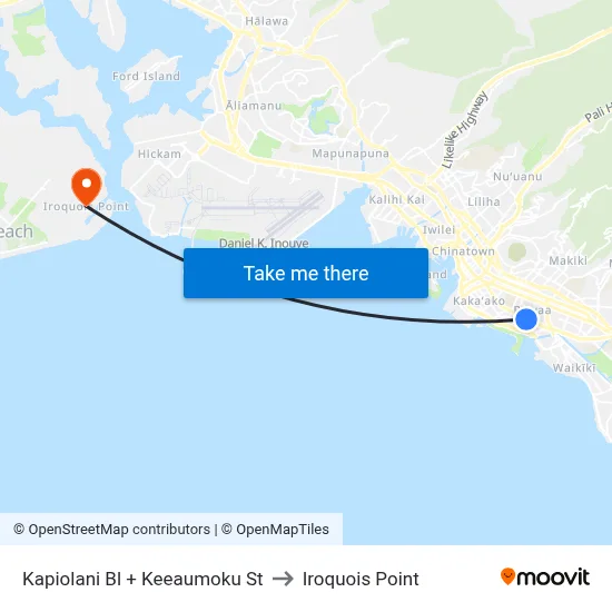 Kapiolani Bl + Keeaumoku St to Iroquois Point map