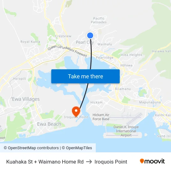 Kuahaka St + Waimano Home Rd to Iroquois Point map
