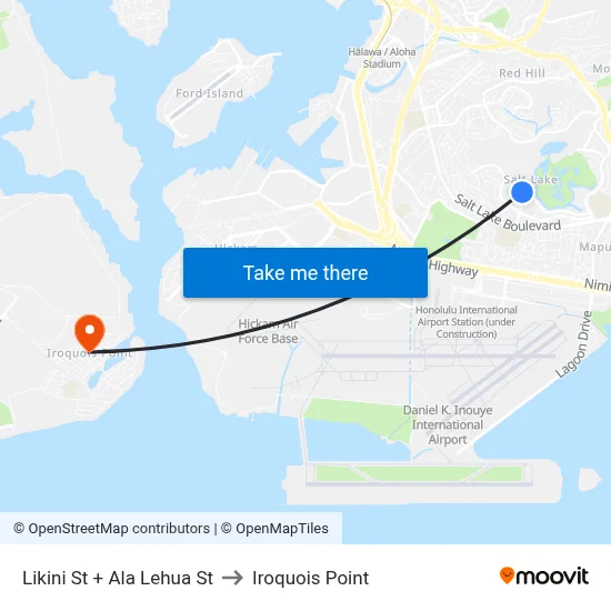 Likini St + Ala Lehua St to Iroquois Point map