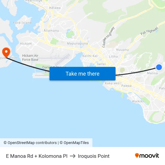E Manoa Rd + Kolomona Pl to Iroquois Point map