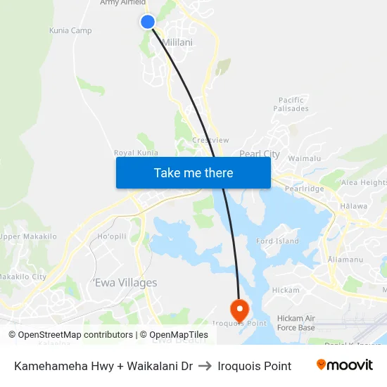 Kamehameha Hwy + Waikalani Dr to Iroquois Point map
