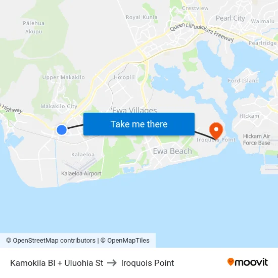 Kamokila Bl + Uluohia St to Iroquois Point map