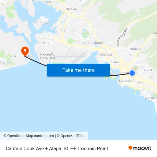 Captain Cook Ave + Alapai St to Iroquois Point map