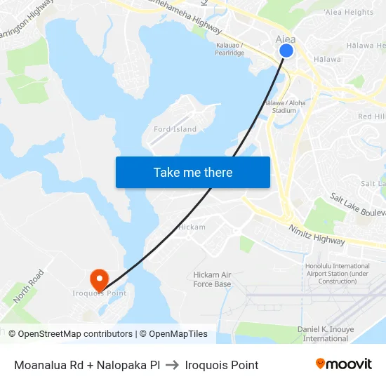 Moanalua Rd + Nalopaka Pl to Iroquois Point map