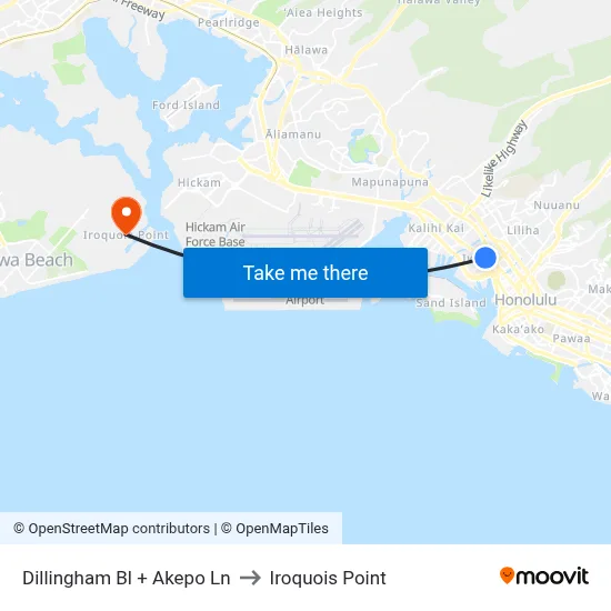 Dillingham Bl + Akepo Ln to Iroquois Point map