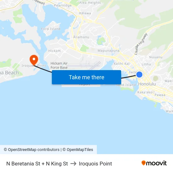 N Beretania St + N King St to Iroquois Point map