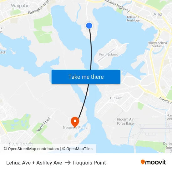 Lehua Ave + Ashley Ave to Iroquois Point map