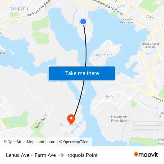 Lehua Ave + Farm Ave to Iroquois Point map