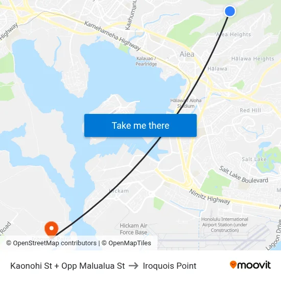 Kaonohi St + Opp Malualua St to Iroquois Point map
