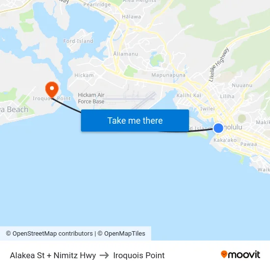 Alakea St + Nimitz Hwy to Iroquois Point map