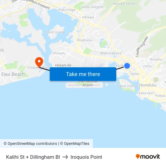 Kalihi St + Dillingham Bl to Iroquois Point map
