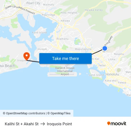 Kalihi St + Akahi St to Iroquois Point map
