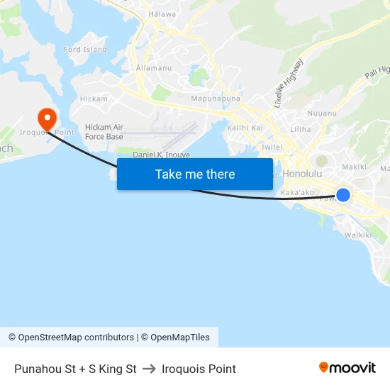 Punahou St + S King St to Iroquois Point map