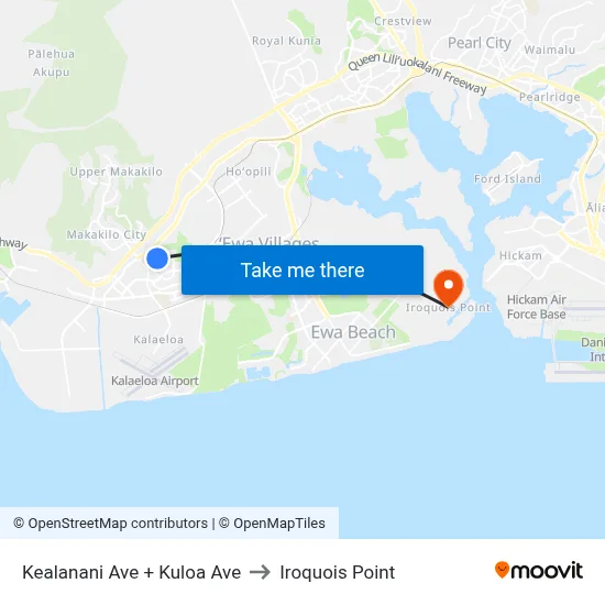 Kealanani Ave + Kuloa Ave to Iroquois Point map