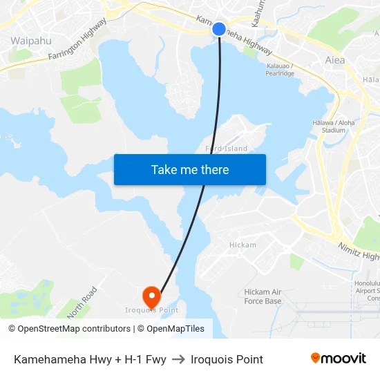 Kamehameha Hwy + H-1 Fwy to Iroquois Point map