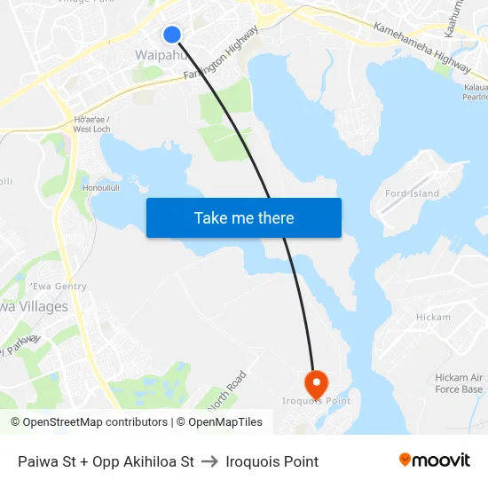 Paiwa St + Opp Akihiloa St to Iroquois Point map