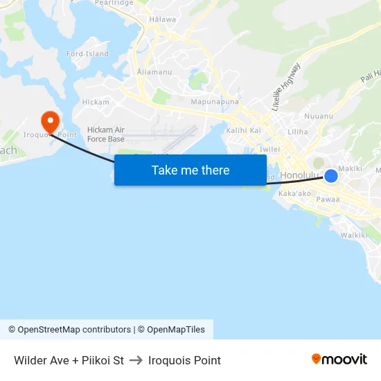 Wilder Ave + Piikoi St to Iroquois Point map