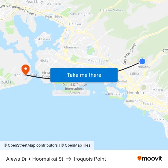 Alewa Dr + Hoomaikai St to Iroquois Point map