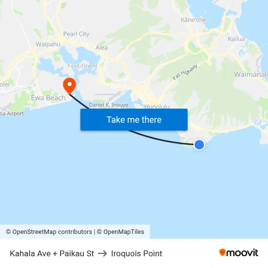 Kahala Ave + Paikau St to Iroquois Point map