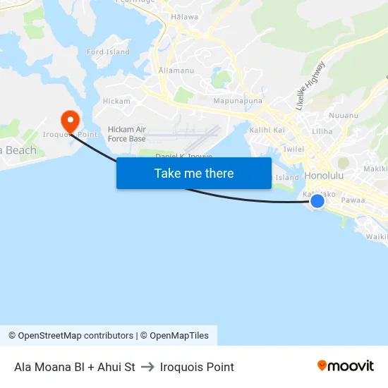 Ala Moana Bl + Ahui St to Iroquois Point map