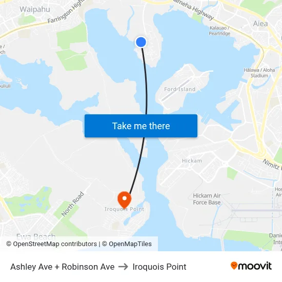 Ashley Ave + Robinson Ave to Iroquois Point map