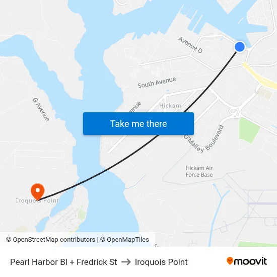 Pearl Harbor Bl + Fredrick St to Iroquois Point map