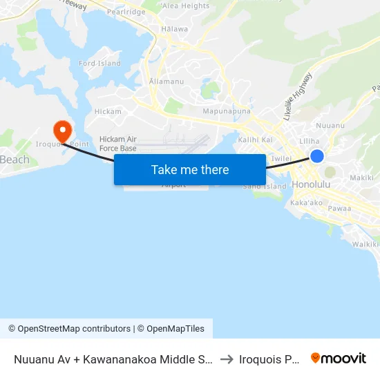 Nuuanu Av + Kawananakoa Middle School to Iroquois Point map