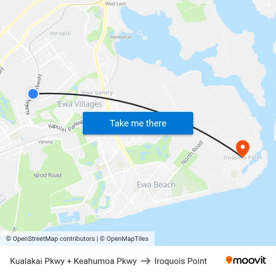 Kualakai Pkwy + Keahumoa Pkwy to Iroquois Point map