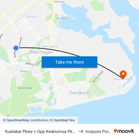 Kualakai Pkwy + Opp Keahumoa Pkwy to Iroquois Point map