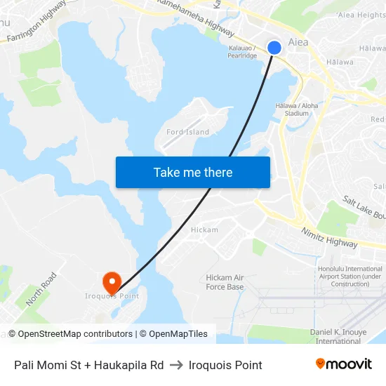 Pali Momi St + Haukapila Rd to Iroquois Point map