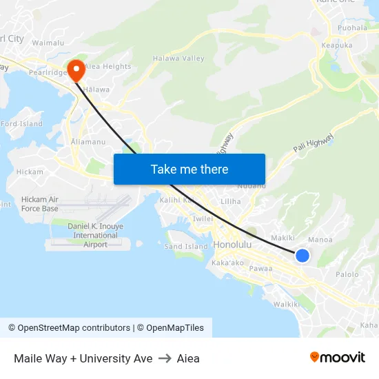 Maile Way + University Ave to Aiea map