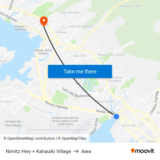 Nimitz Hwy + Kahauiki Village to Aiea map