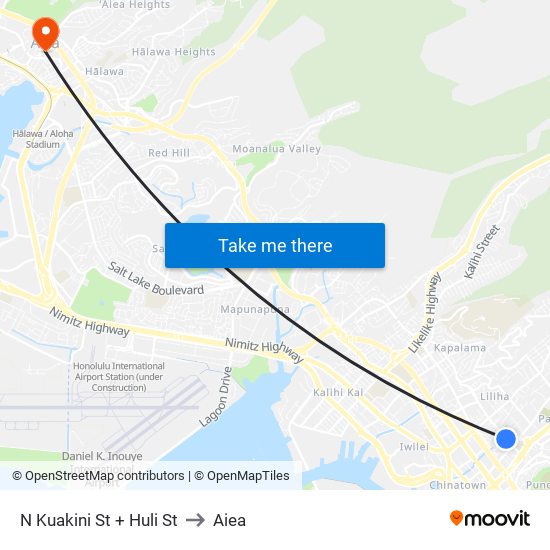 N Kuakini St + Huli St to Aiea map