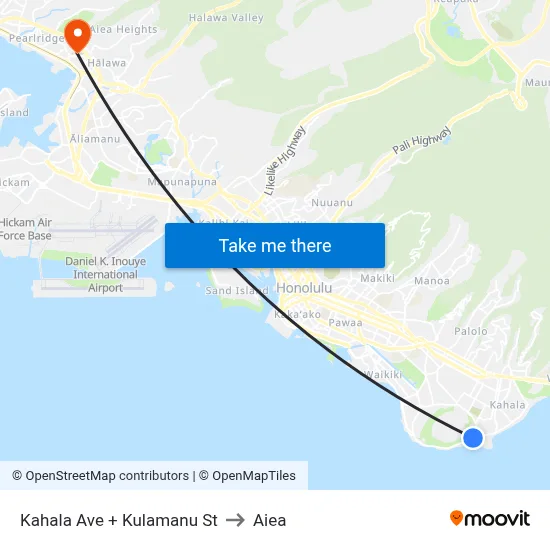 Kahala Ave + Kulamanu St to Aiea map