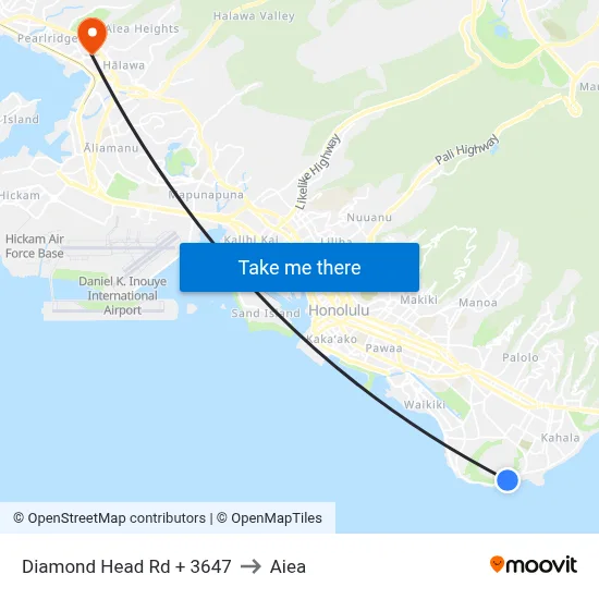 Diamond Head Rd + 3647 to Aiea map