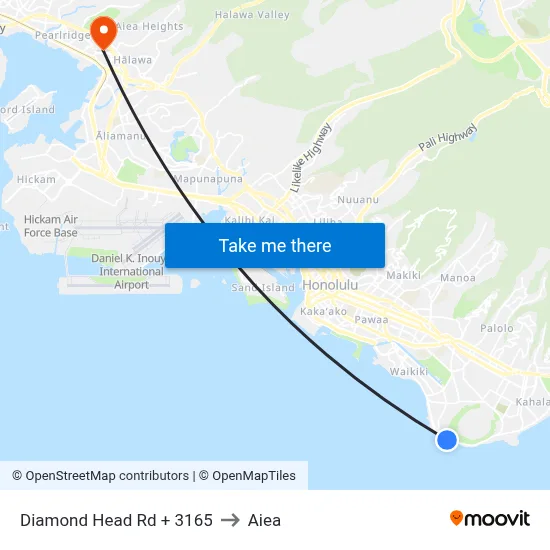 Diamond Head Rd + 3165 to Aiea map