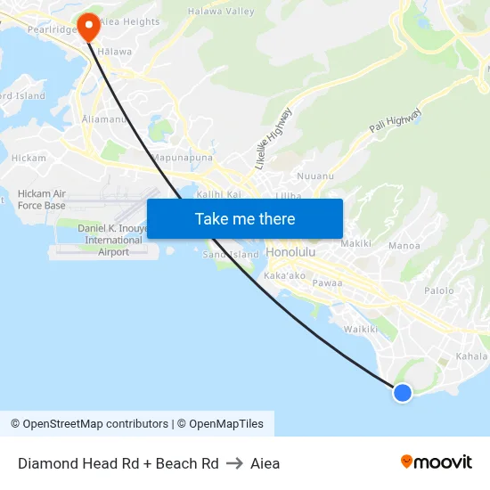 Diamond Head Rd + Beach Rd to Aiea map