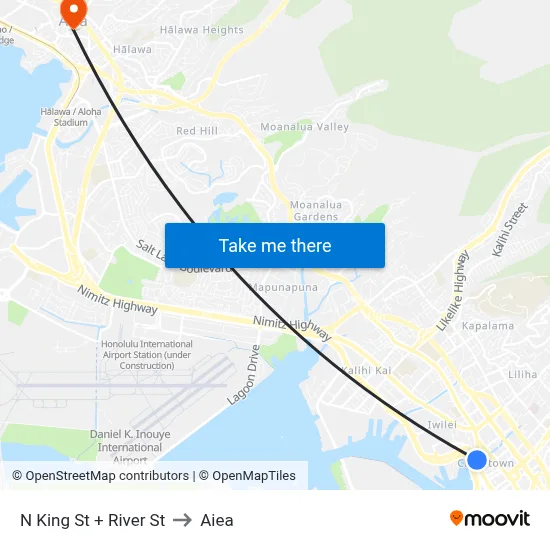 N King St + River St to Aiea map