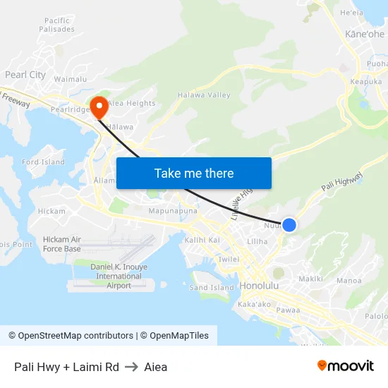 Pali Hwy + Laimi Rd to Aiea map