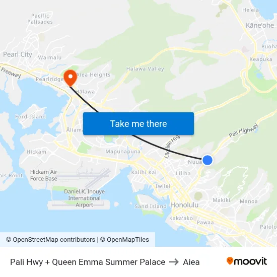Pali Hwy + Queen Emma Summer Palace to Aiea map